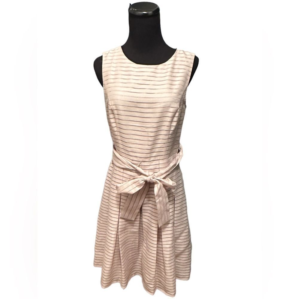 Tommy Hilfiger Sash Belted Fit & Flare Dress | Cream | Stripe | cocktail|Size 4
